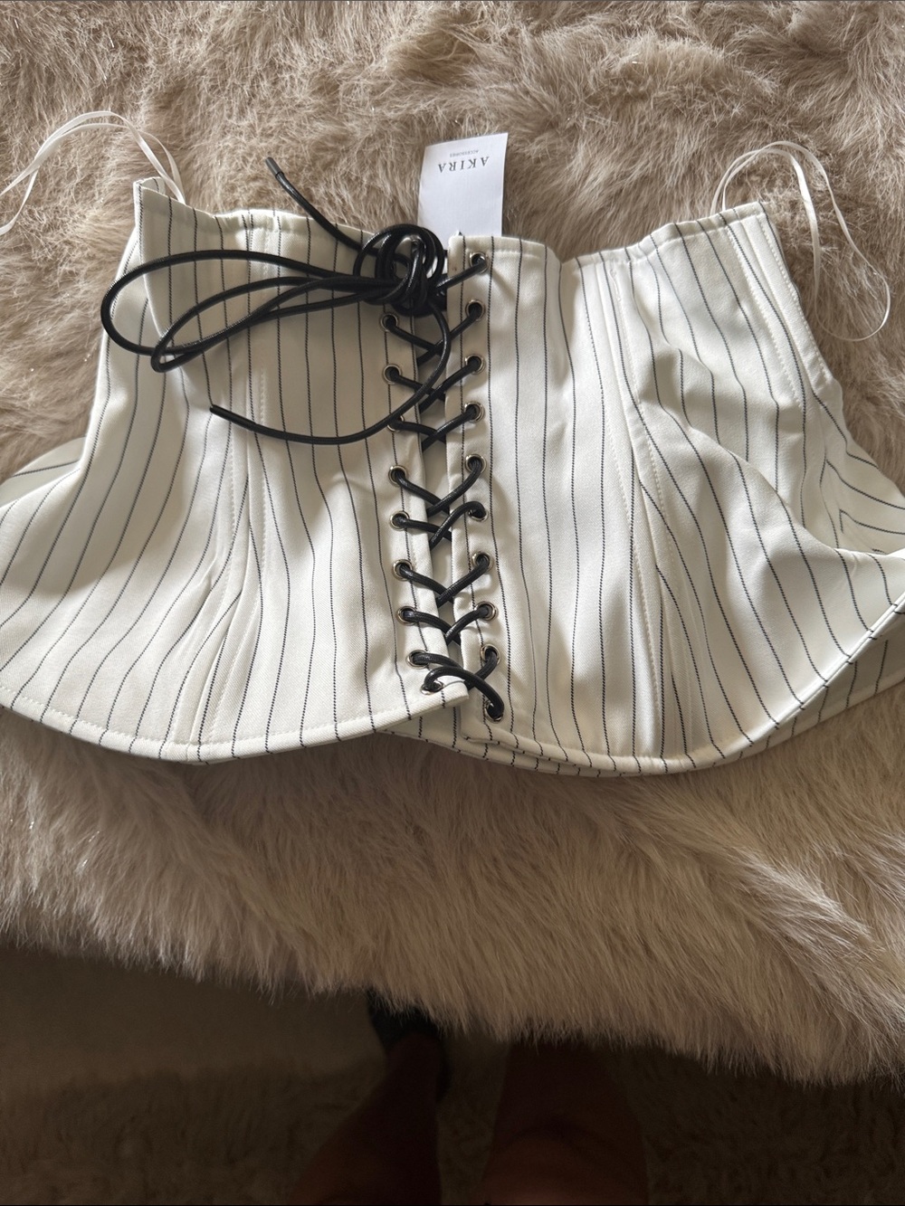 AKIRA Ivory Pinstripe Lace-Up Corset Top with Black Lacing